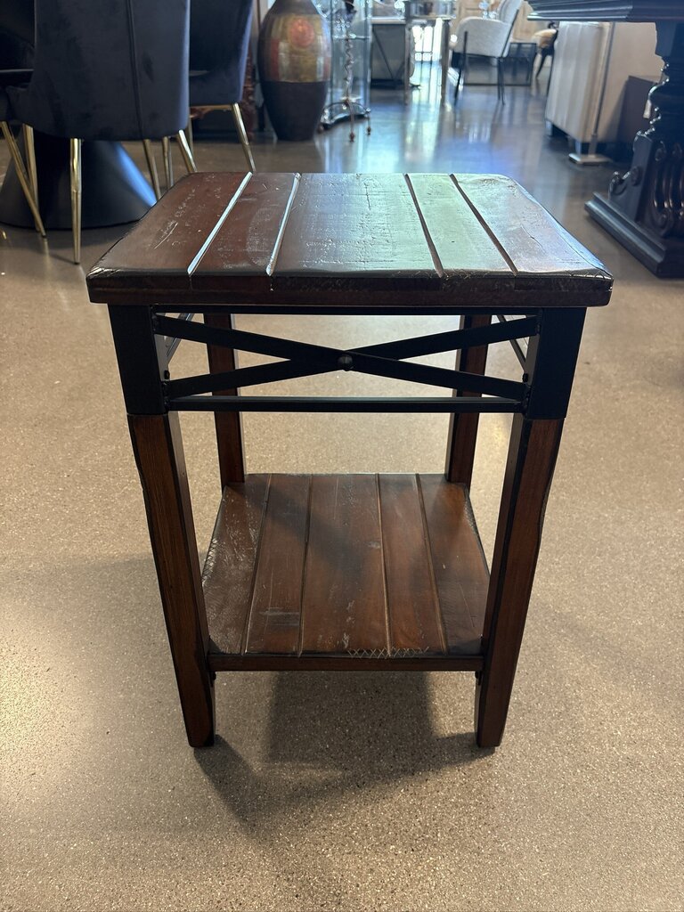 Rustic Wood Side Table W/ Metal Accents- 14X14X21H