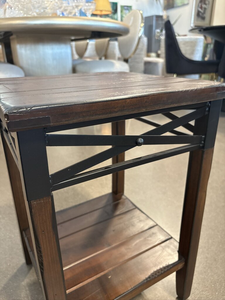 Rustic Wood Side Table W/ Metal Accents- 14X14X21H
