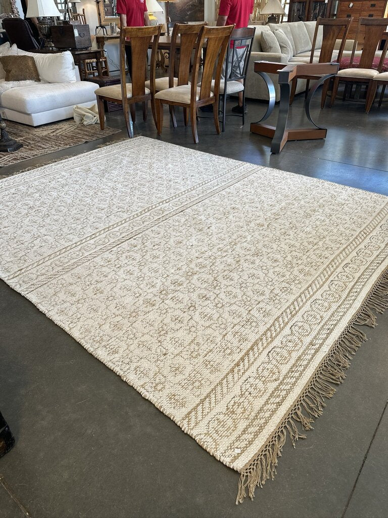 Cream & Tan Woven Rug W/ Fringe- 7'8" X 9'9"