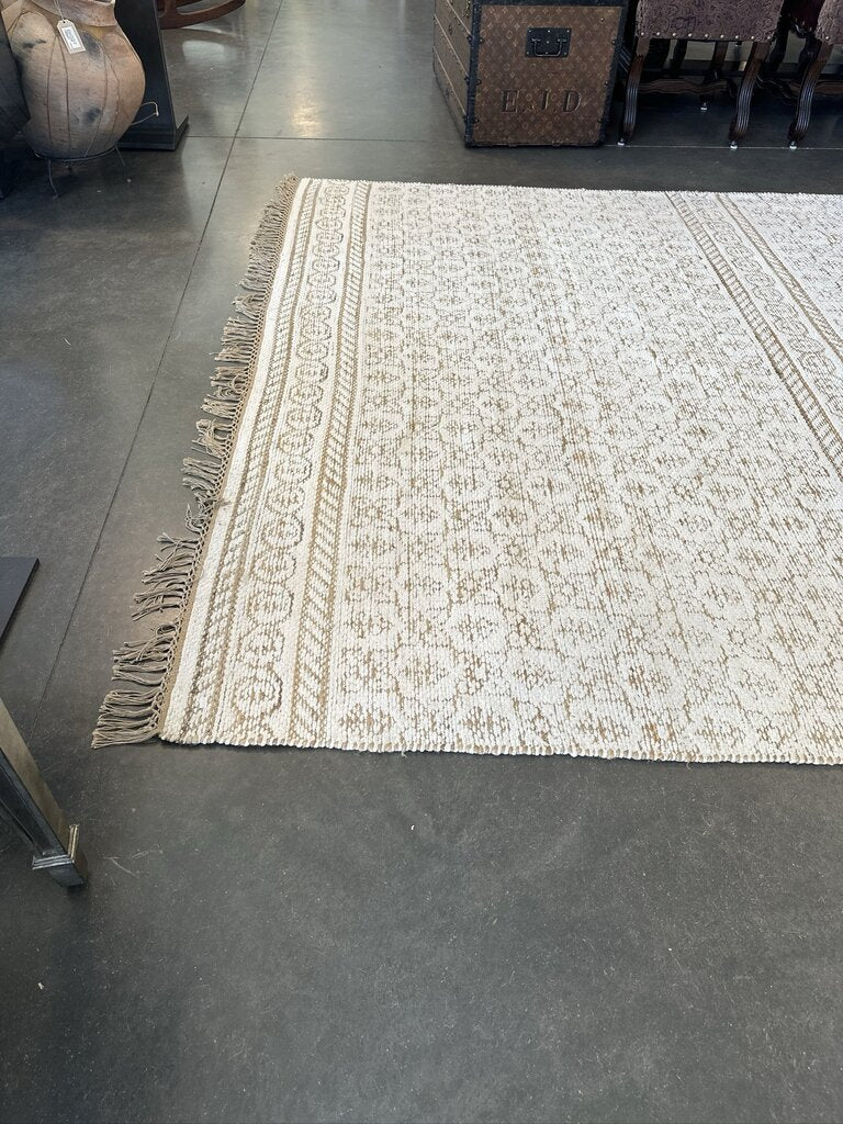 Cream & Tan Woven Rug W/ Fringe- 7'8" X 9'9"