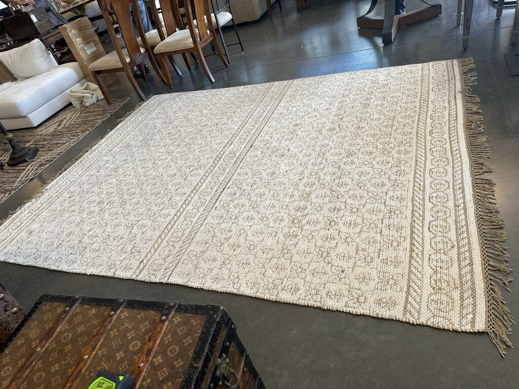 Cream & Tan Woven Rug W/ Fringe- 7'8" X 9'9"