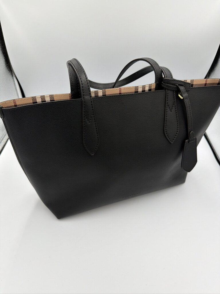 Burberry Grainy Calfskin Haymarket Check Medium Reversible Tote Black