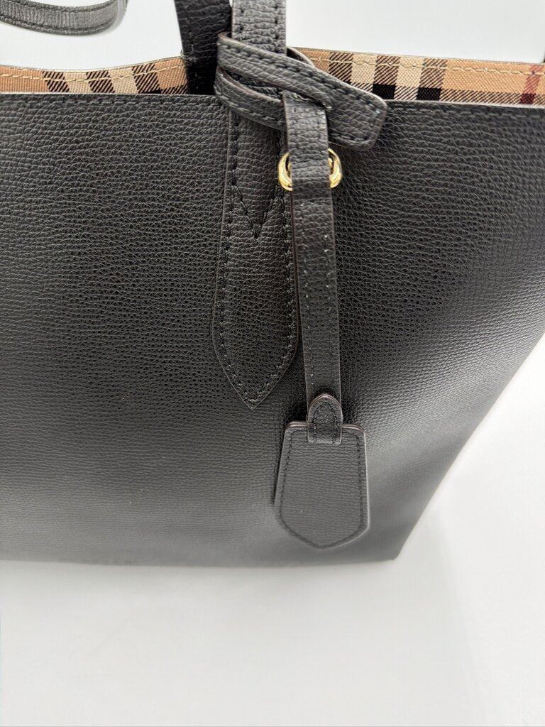 Burberry Grainy Calfskin Haymarket Check Medium Reversible Tote Black
