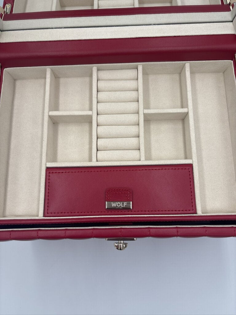 WOLF Caroline Red Leather Medium Jewelry Box- 12X9X8.5
