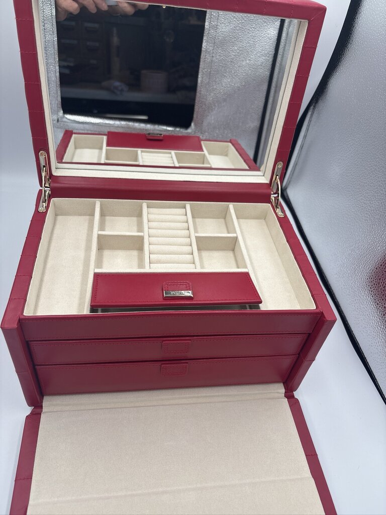 WOLF Caroline Red Leather Medium Jewelry Box- 12X9X8.5