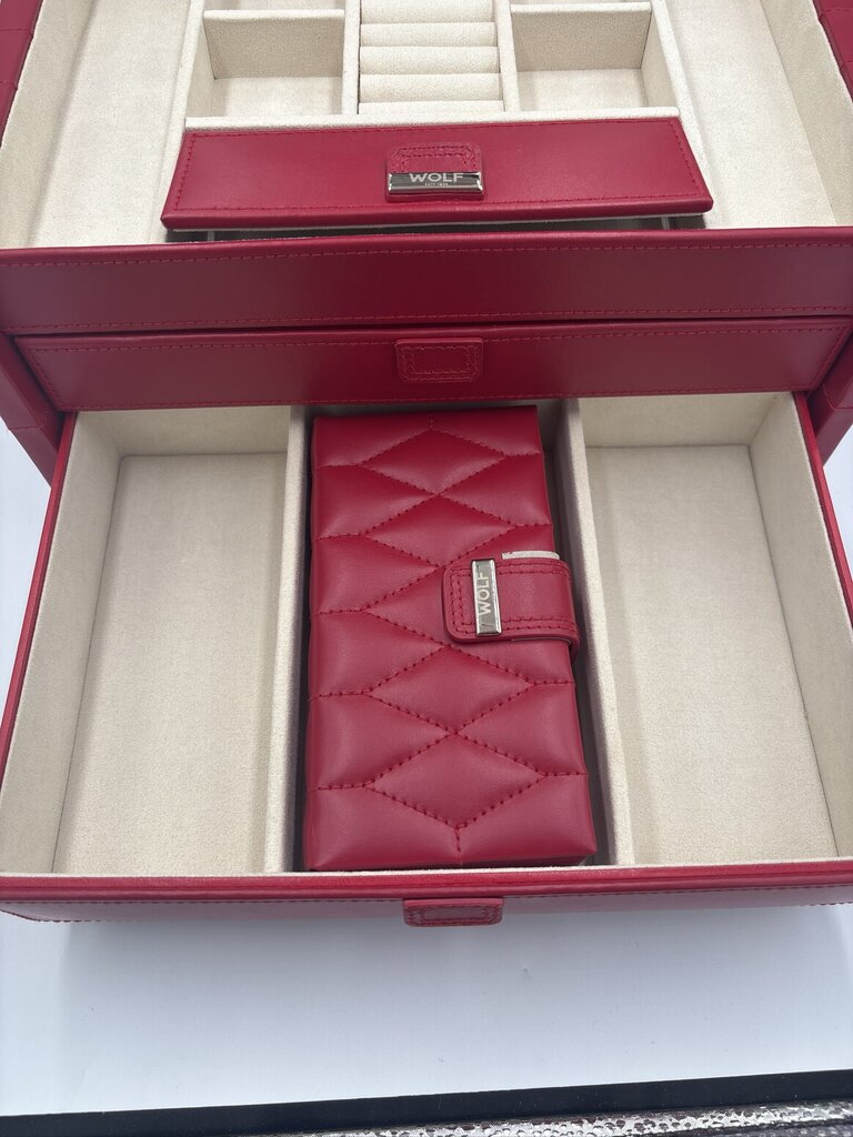 WOLF Caroline Red Leather Medium Jewelry Box- 12X9X8.5