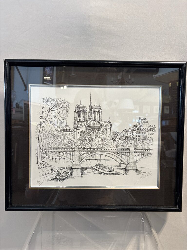 "Paris" Signed Print of Notre Damn Cathedral- 21X18- AS IS