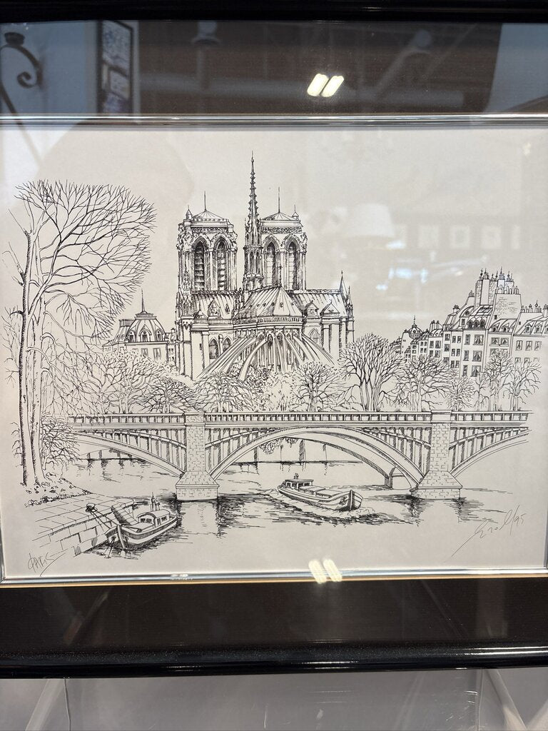 "Paris" Signed Print of Notre Damn Cathedral- 21X18- AS IS