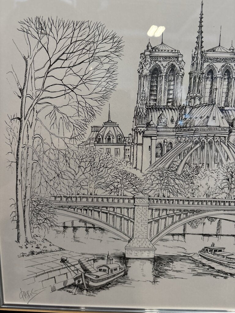 "Paris" Signed Print of Notre Damn Cathedral- 21X18- AS IS