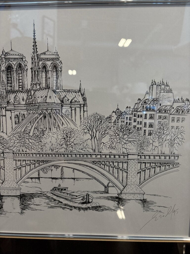 "Paris" Signed Print of Notre Damn Cathedral- 21X18- AS IS