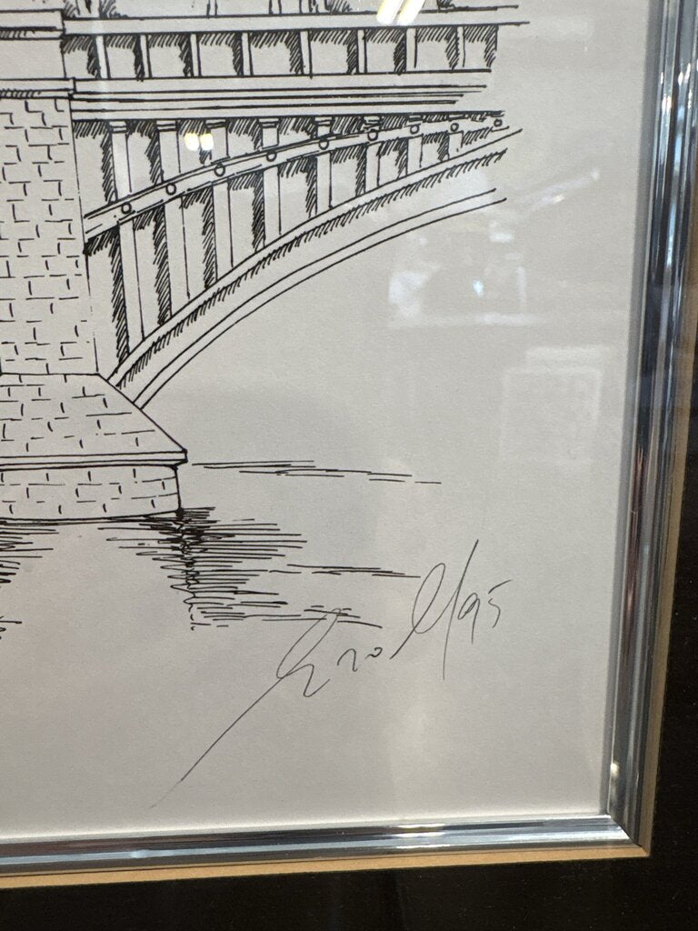 "Paris" Signed Print of Notre Damn Cathedral- 21X18- AS IS