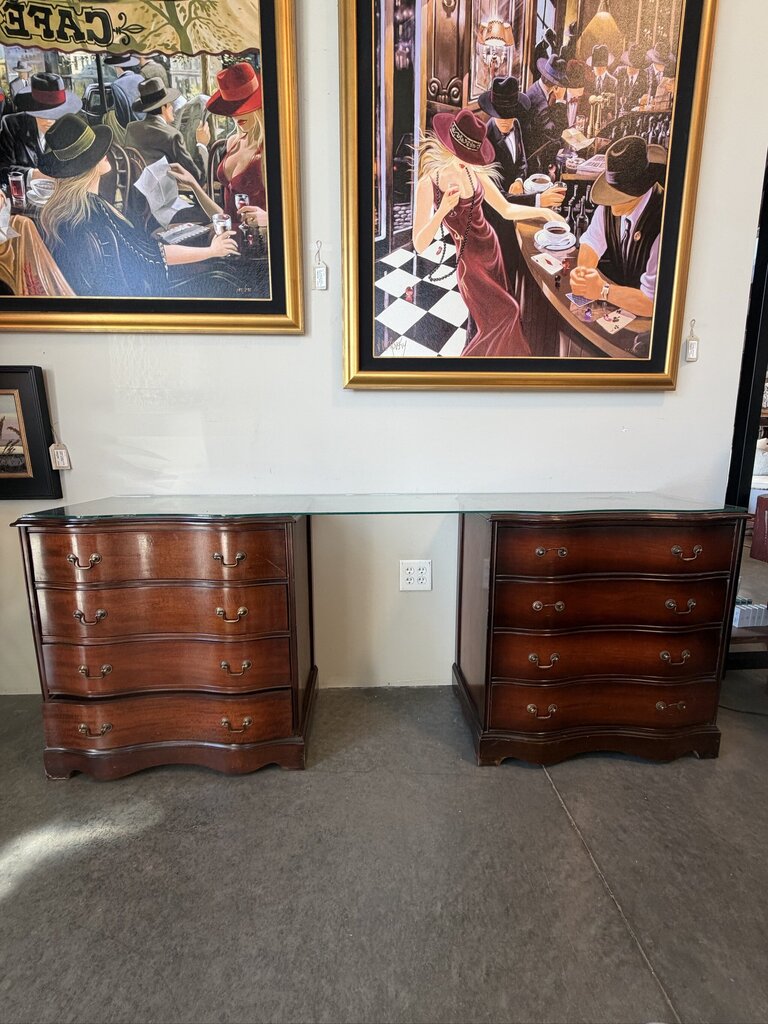 Antique Serpentine Front Leather Top Mahogany Chests- Pair