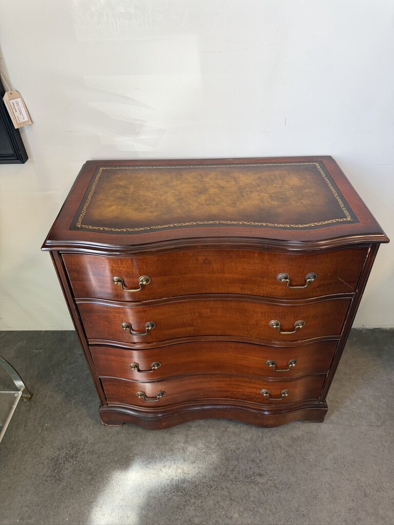Antique Serpentine Front Leather Top Mahogany Chests- Pair