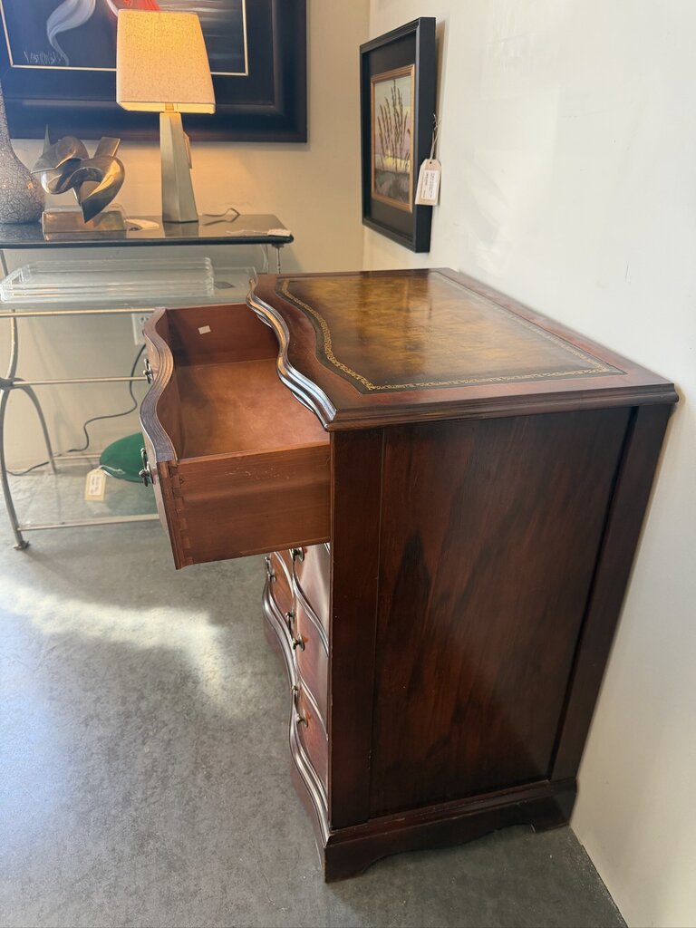 Antique Serpentine Front Leather Top Mahogany Chests- Pair