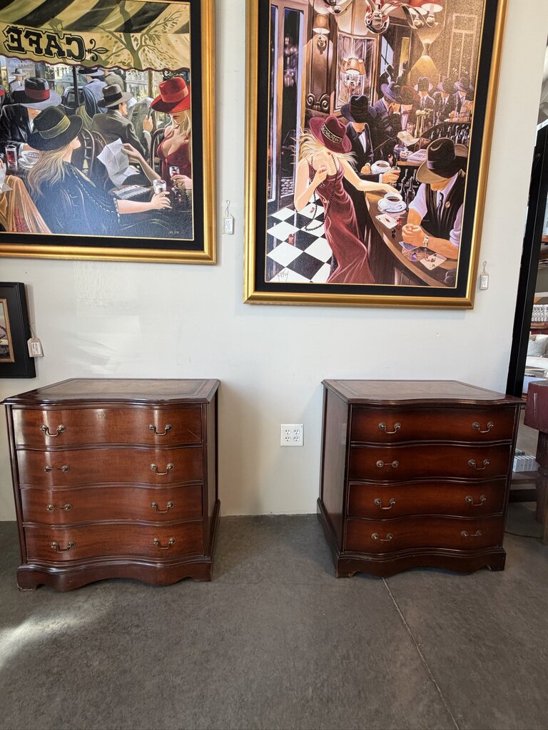Antique Serpentine Front Leather Top Mahogany Chests- Pair