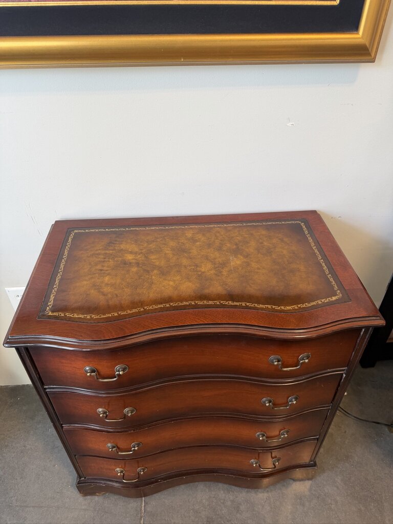 Antique Serpentine Front Leather Top Mahogany Chests- Pair