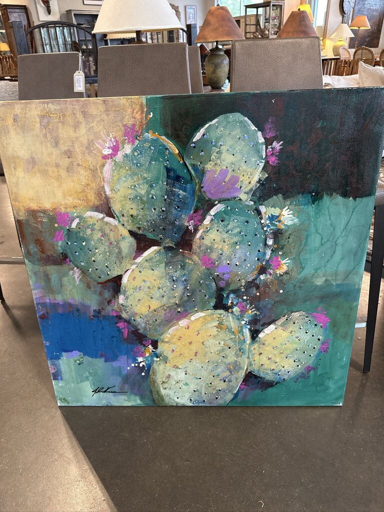Original Green/Blue Prickly Pear Cactus W/ Pink Flowers By Jack Rickard - 36X36H