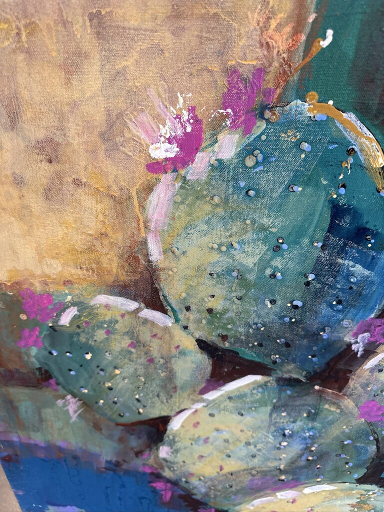Original Green/Blue Prickly Pear Cactus W/ Pink Flowers By Jack Rickard - 36X36H