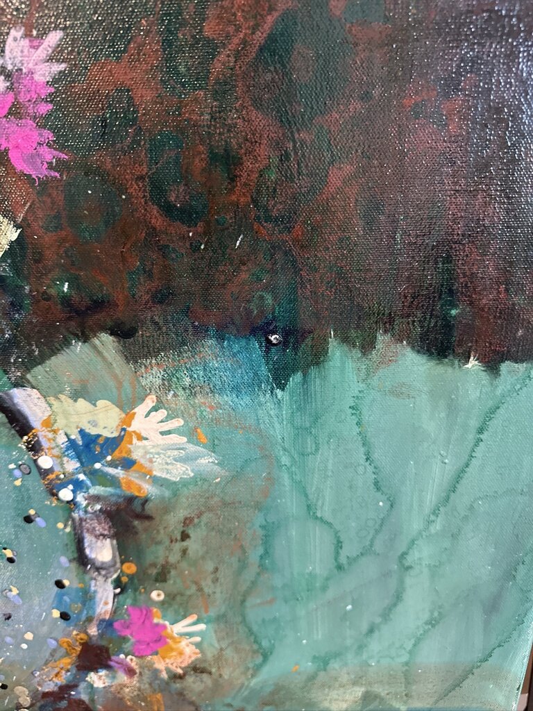 Original Green/Blue Prickly Pear Cactus W/ Pink Flowers By Jack Rickard - 36X36H