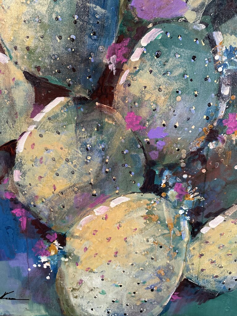 Original Green/Blue Prickly Pear Cactus W/ Pink Flowers By Jack Rickard - 36X36H