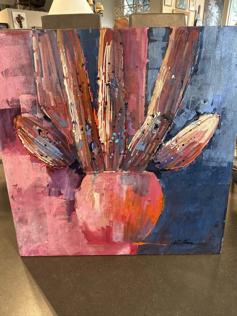 Original Pink/Blue Cactus In Pot Art By Jack Rickard - 36X36H
