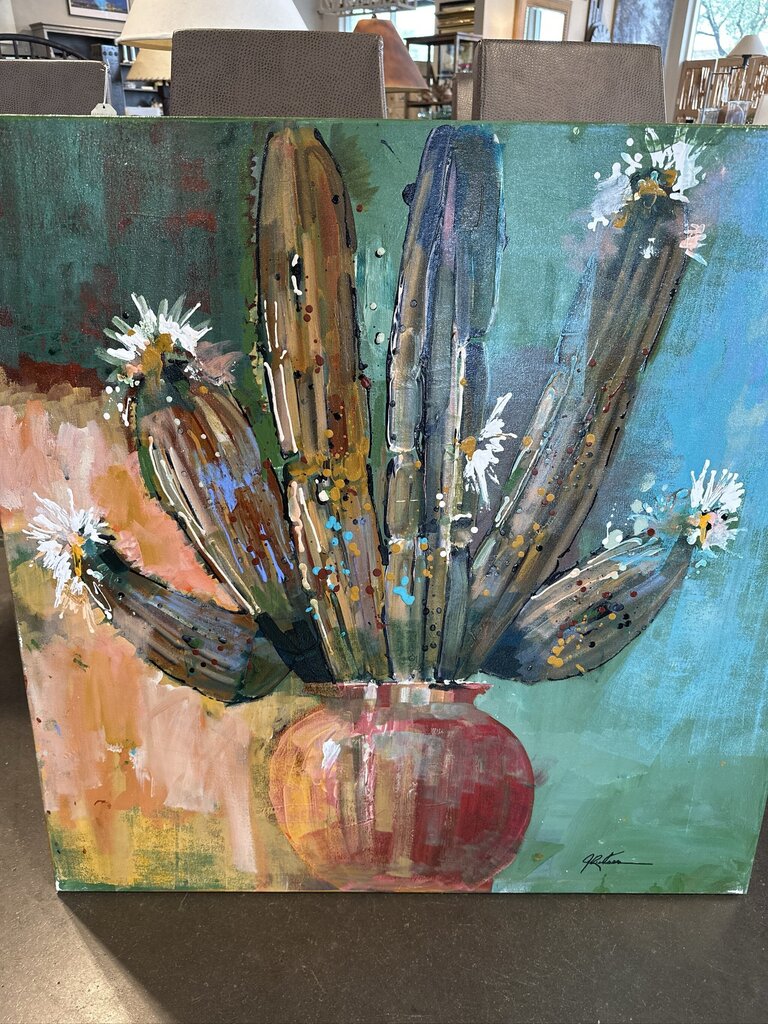 Original Turquoise/Pink Cactus In Pot W/ White Flowers By Jack Rickard - 36X36H