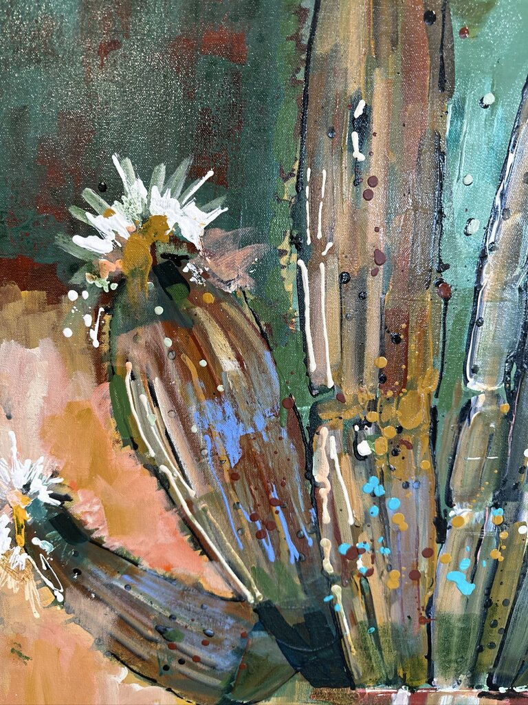 Original Turquoise/Pink Cactus In Pot W/ White Flowers By Jack Rickard - 36X36H