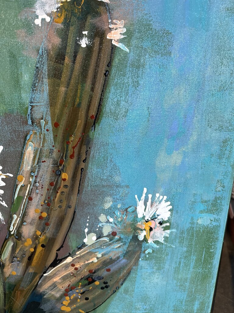 Original Turquoise/Pink Cactus In Pot W/ White Flowers By Jack Rickard - 36X36H
