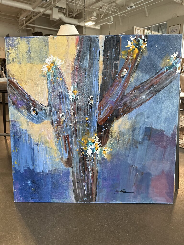 Original Blue/Yellow/Purple Saguaro Art By Jack Rickard - 36X36H