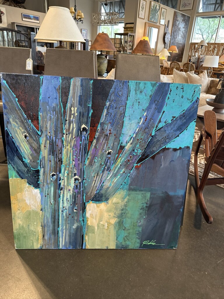 Original Blue/Turquoise/Yellow Saguaro Art By Jack Rickard - 36X36H