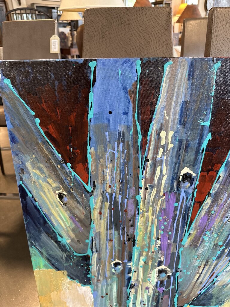 Original Blue/Turquoise/Yellow Saguaro Art By Jack Rickard - 36X36H