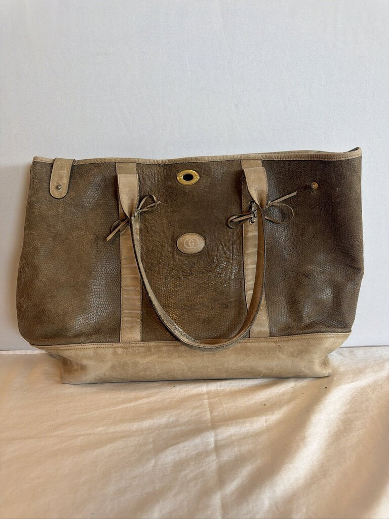 Vintage 1980s Gucci Marbled Brown Leather Lizard-Embossed Tote Bag