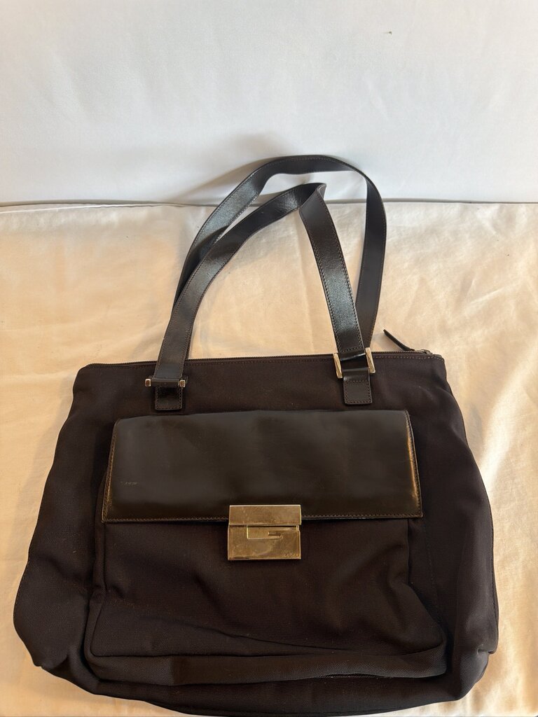 Gucci Vintage Nylon and Leather Square G Clasp Shoulder Tote Bag
