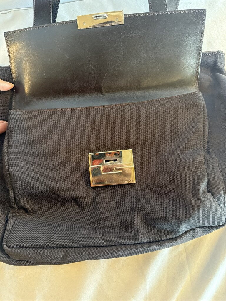 Gucci Vintage Nylon and Leather Square G Clasp Shoulder Tote Bag