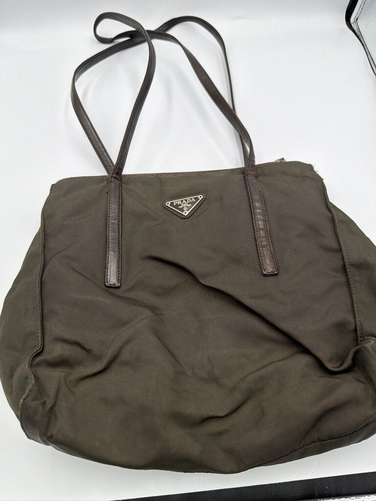 Vintage Prada Tessuto Nylon Shoulder Tote Bag - Khaki / Olive Brown