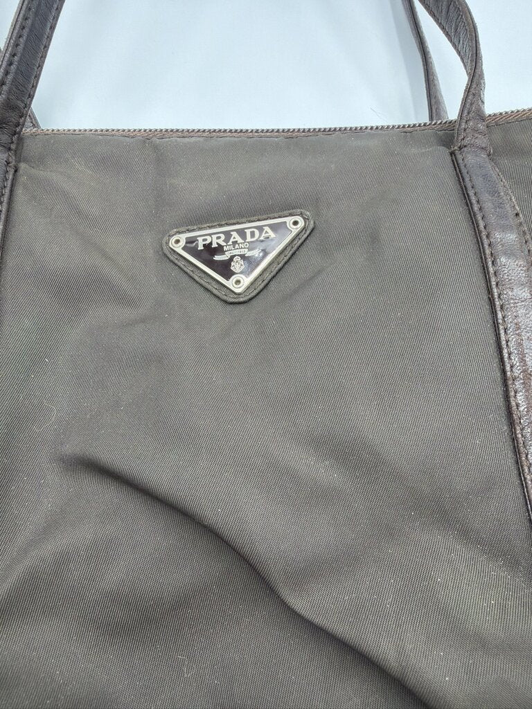 Vintage Prada Tessuto Nylon Shoulder Tote Bag - Khaki / Olive Brown