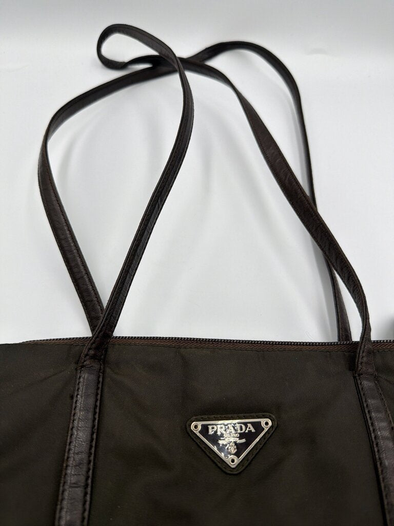 Vintage Prada Tessuto Nylon Shoulder Tote Bag - Khaki / Olive Brown