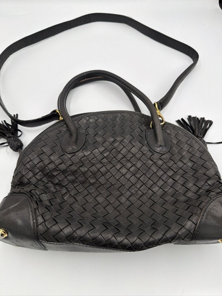 Bottega Veneta Nero Woven Leather Bowler Satchel Bag Description