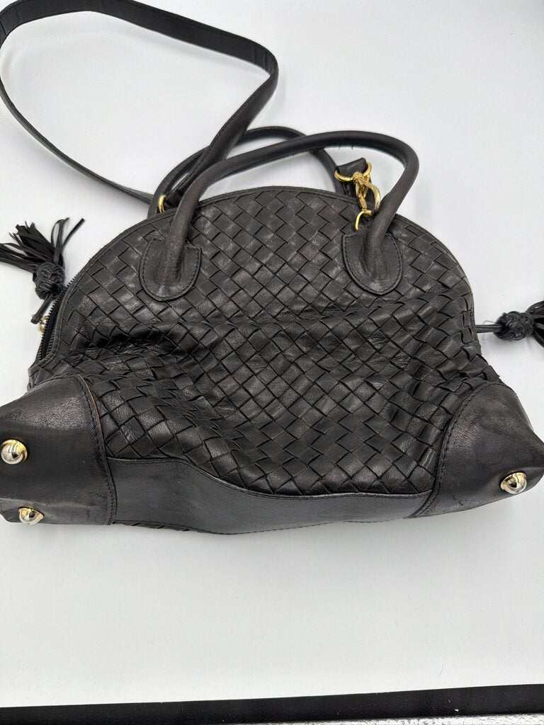 Bottega Veneta Nero Woven Leather Bowler Satchel Bag Description