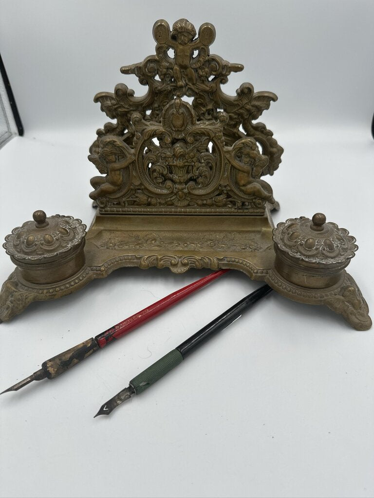 Ornate Antique Bronze Inkstand W/ Double Inkwells- 11.5X8.5X7