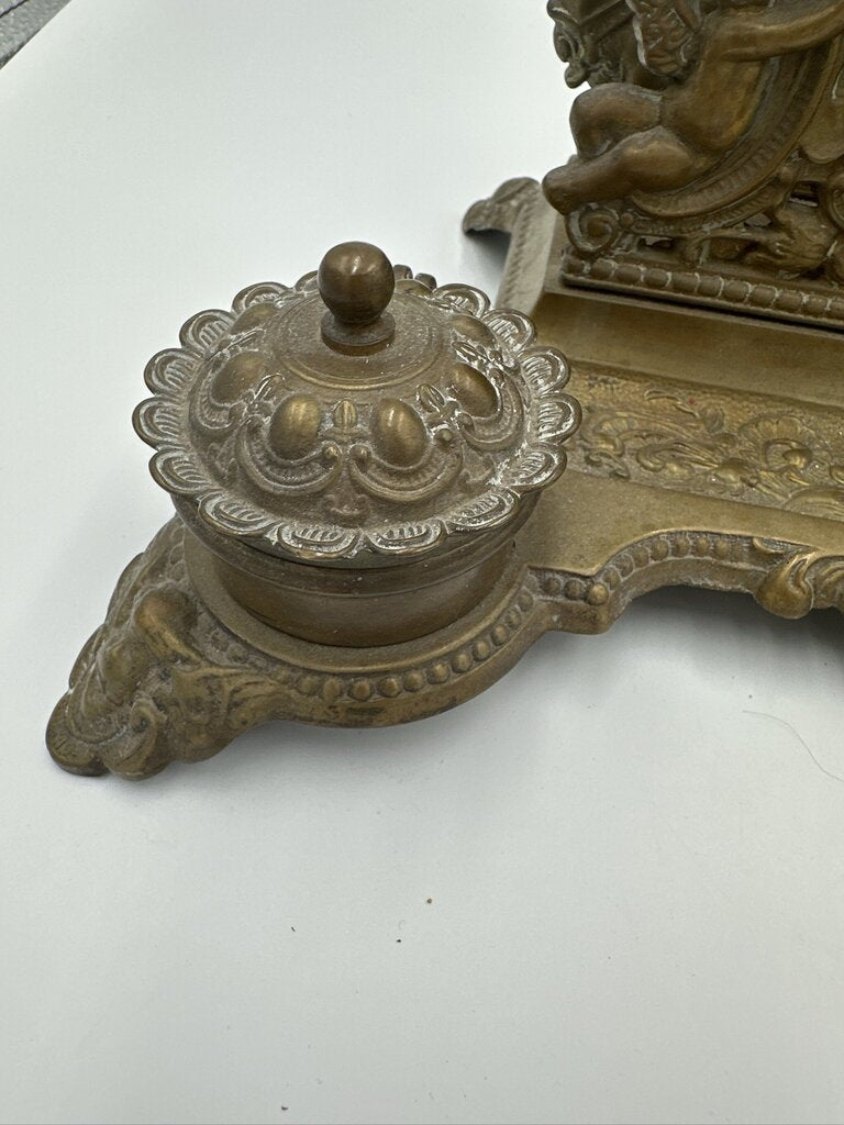 Ornate Antique Bronze Inkstand W/ Double Inkwells- 11.5X8.5X7