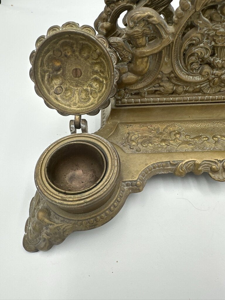 Ornate Antique Bronze Inkstand W/ Double Inkwells- 11.5X8.5X7