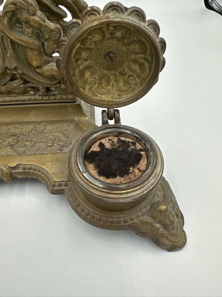 Ornate Antique Bronze Inkstand W/ Double Inkwells- 11.5X8.5X7