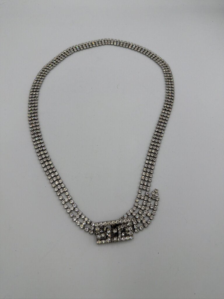 Vintage Silver Tone Clear Rhinestone 3-Row Chain Belt, Prong Set Art Deco Style - 36
