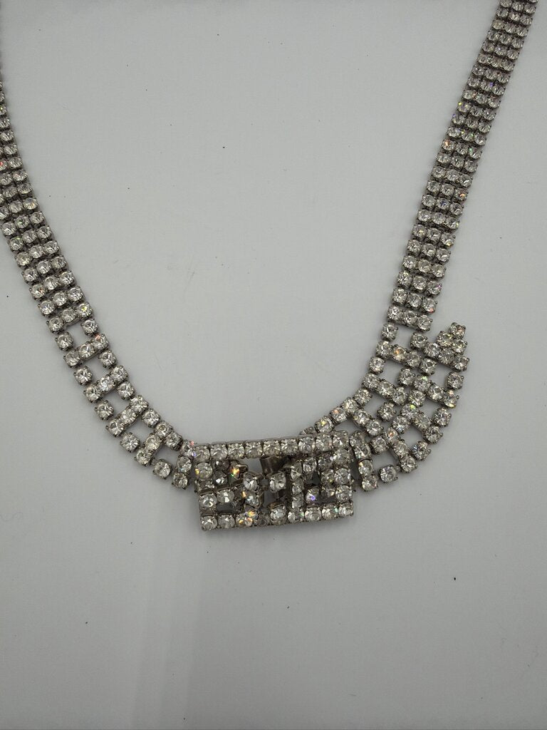 Vintage Silver Tone Clear Rhinestone 3-Row Chain Belt, Prong Set Art Deco Style - 36