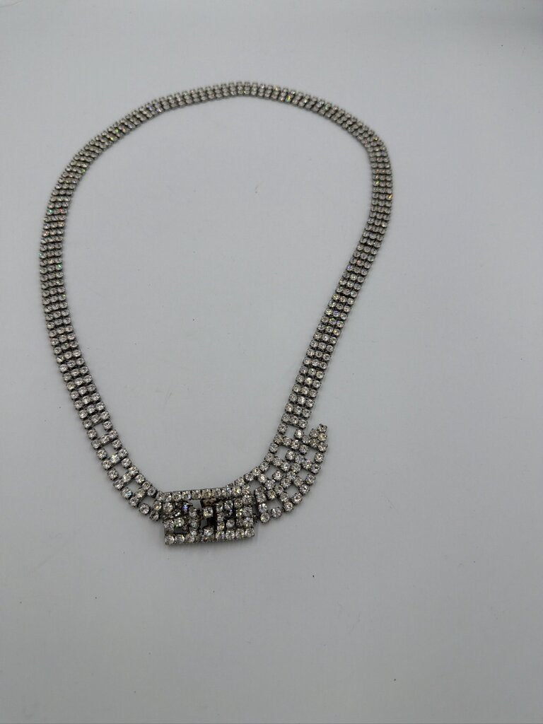 Vintage Silver Tone Clear Rhinestone 3-Row Chain Belt, Prong Set Art Deco Style - 36