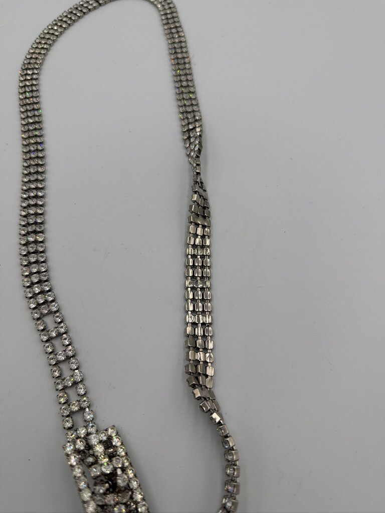 Vintage Silver Tone Clear Rhinestone 3-Row Chain Belt, Prong Set Art Deco Style - 36