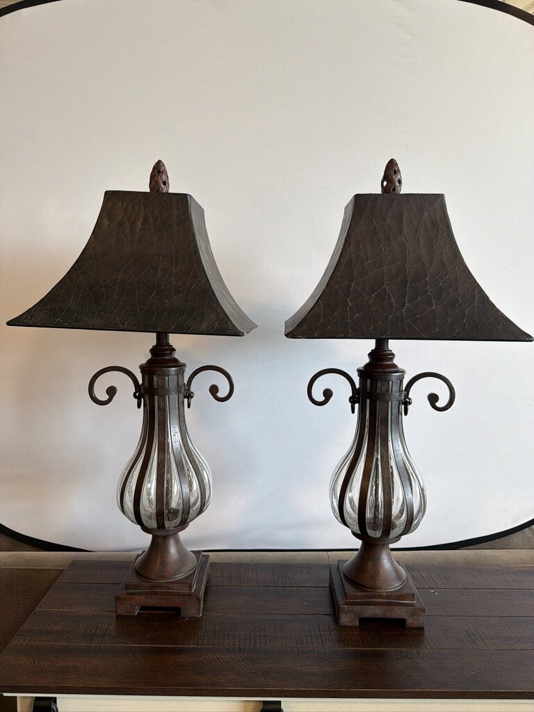 Iron & Glass Table Lamps W/ Black Shades- Pair- 15X15X32H