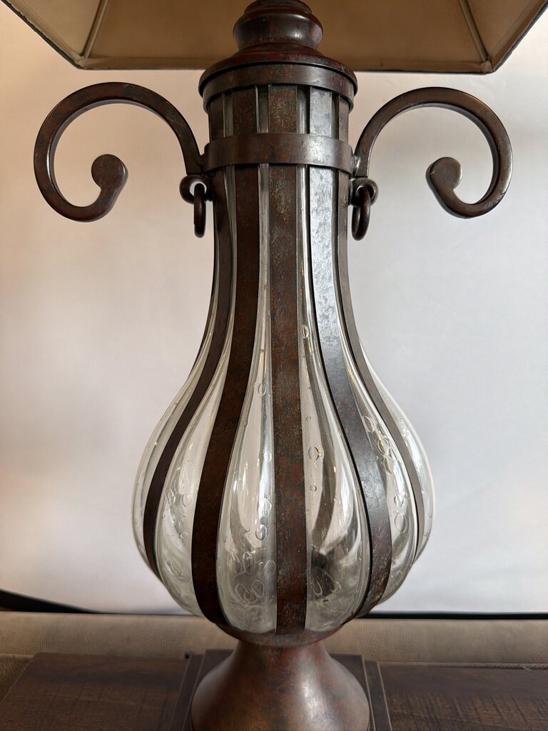 Iron & Glass Table Lamps W/ Black Shades- Pair- 15X15X32H