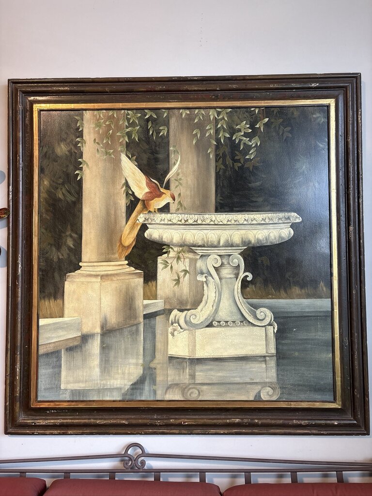 Vintage Garden Fountain Artwork W/ Distressed Frame-